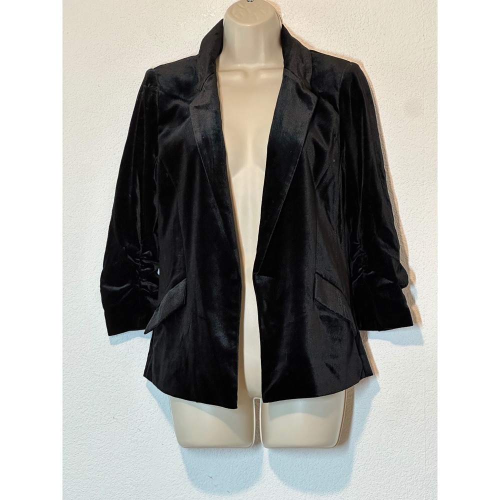 Y2K Black Velvet Ruched Sleeve Blazer Floral Lining XS 23934